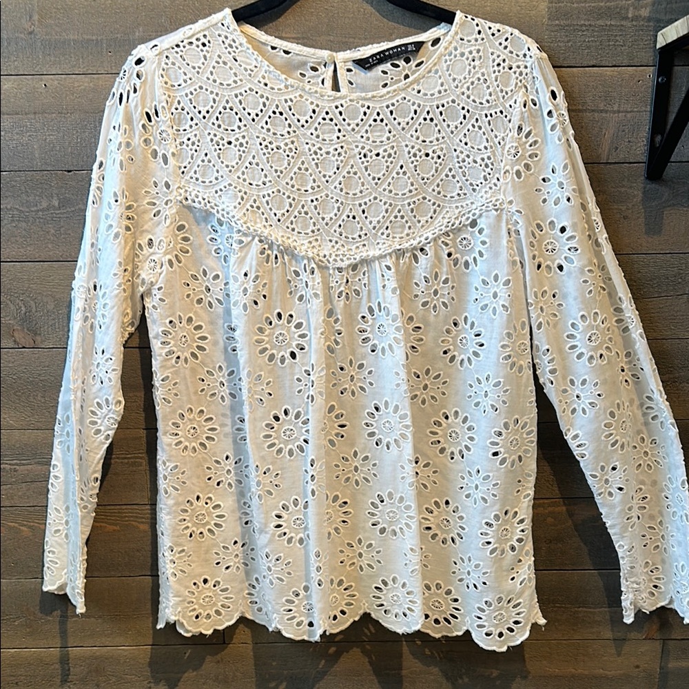 Zara White Embroidered Long Sleeve Bib Collar Blouse